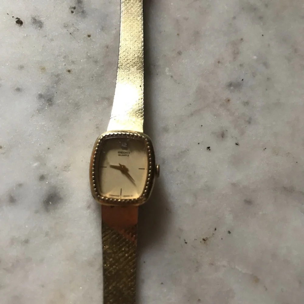 Vintage gold diamond Seiko watch women’s dainty Princess Diana style bevel